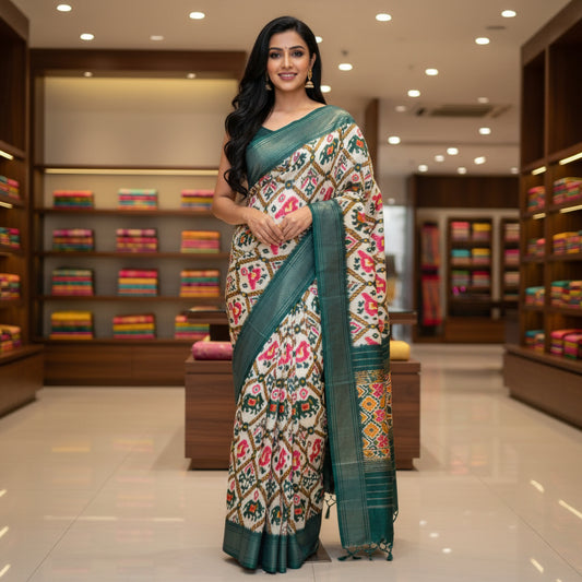 Half-white with green ikkat semi dola saree