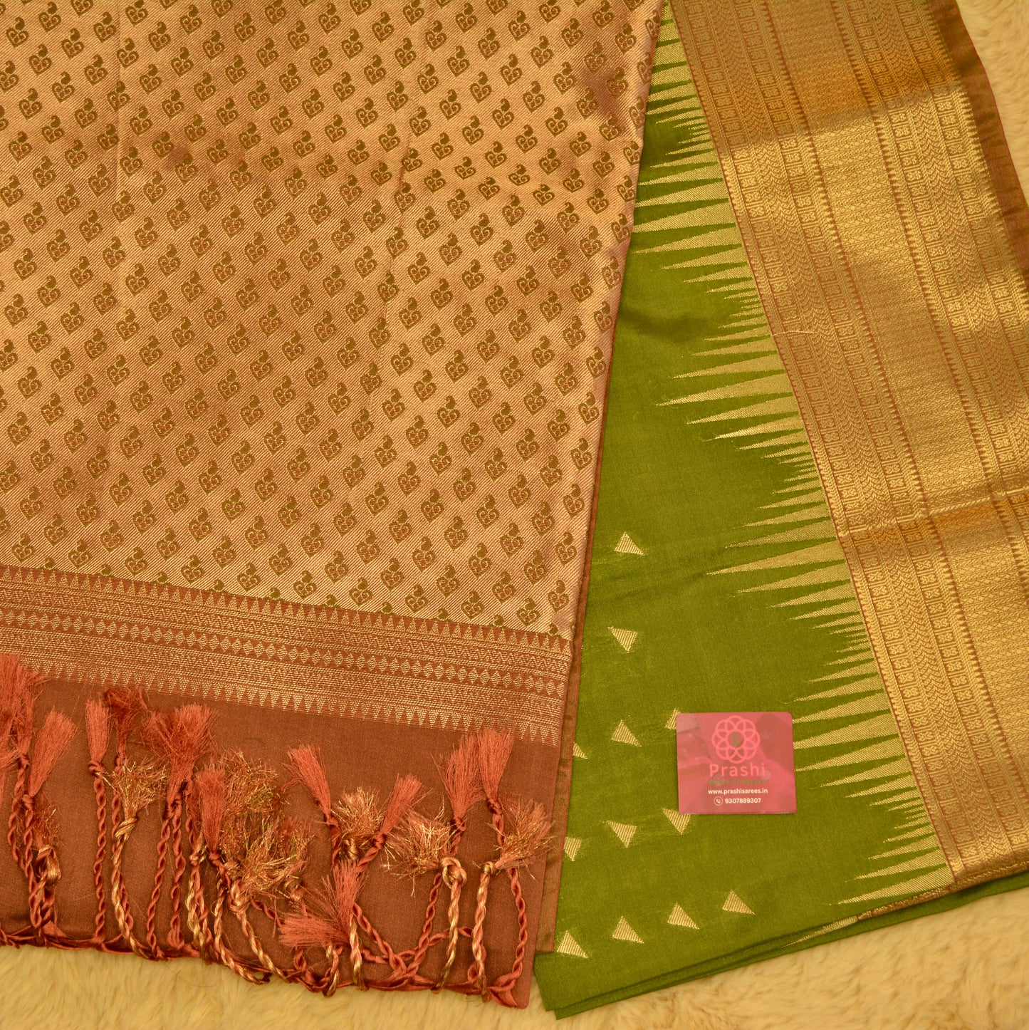Mehndi green semi soft silk temple border saree