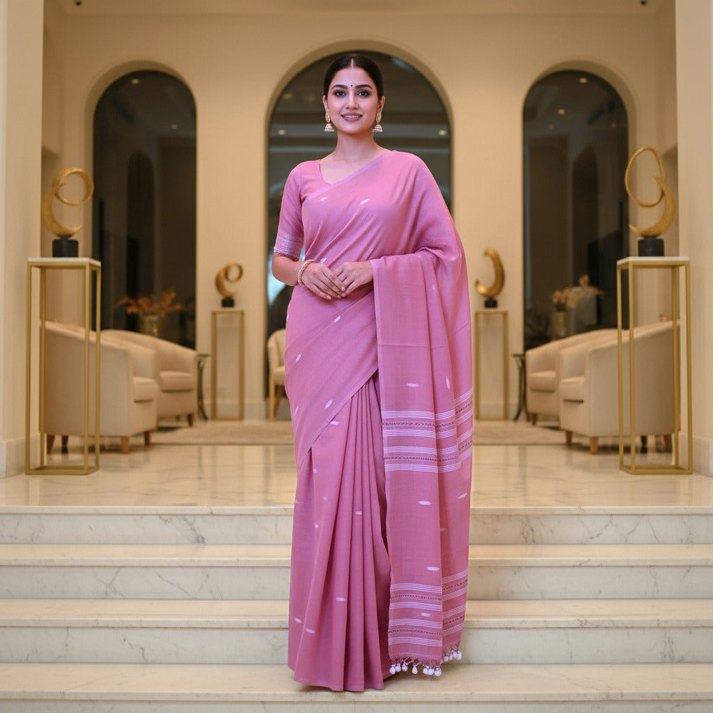 Pink handloom mul cotton saree
