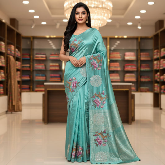 Aqua blue Dol silk cutwork embroidery saree