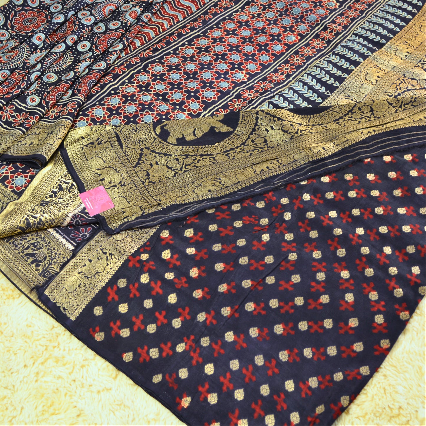 Blue Dola silk saree with ajrakh handblack printed