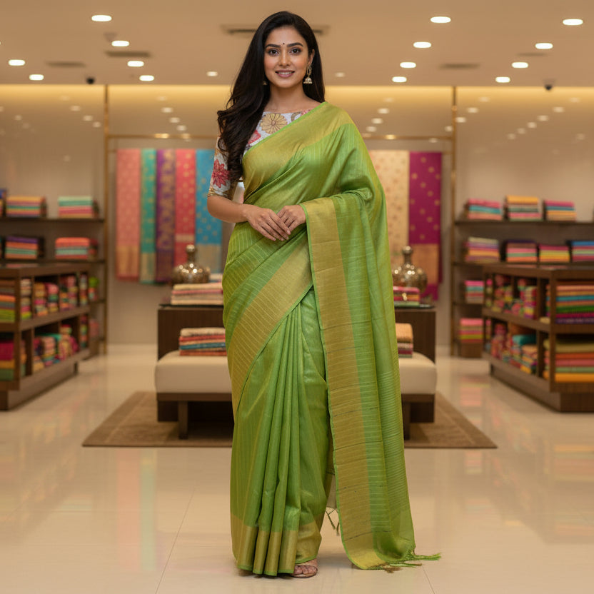 Parrot green mooga tissue saree with 2 blouses