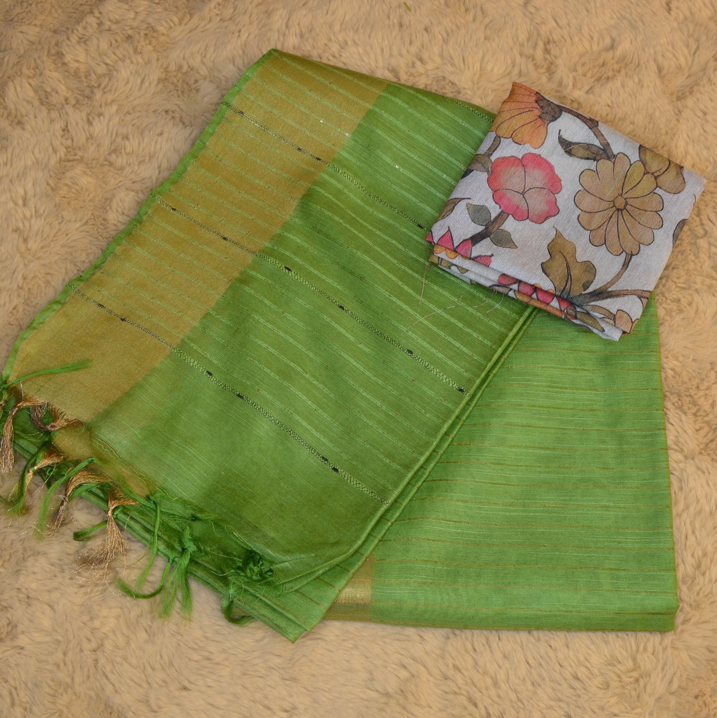 Parrot green mooga tissue saree with 2 blouses