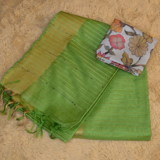 Parrot green mooga tissue saree with 2 blouses