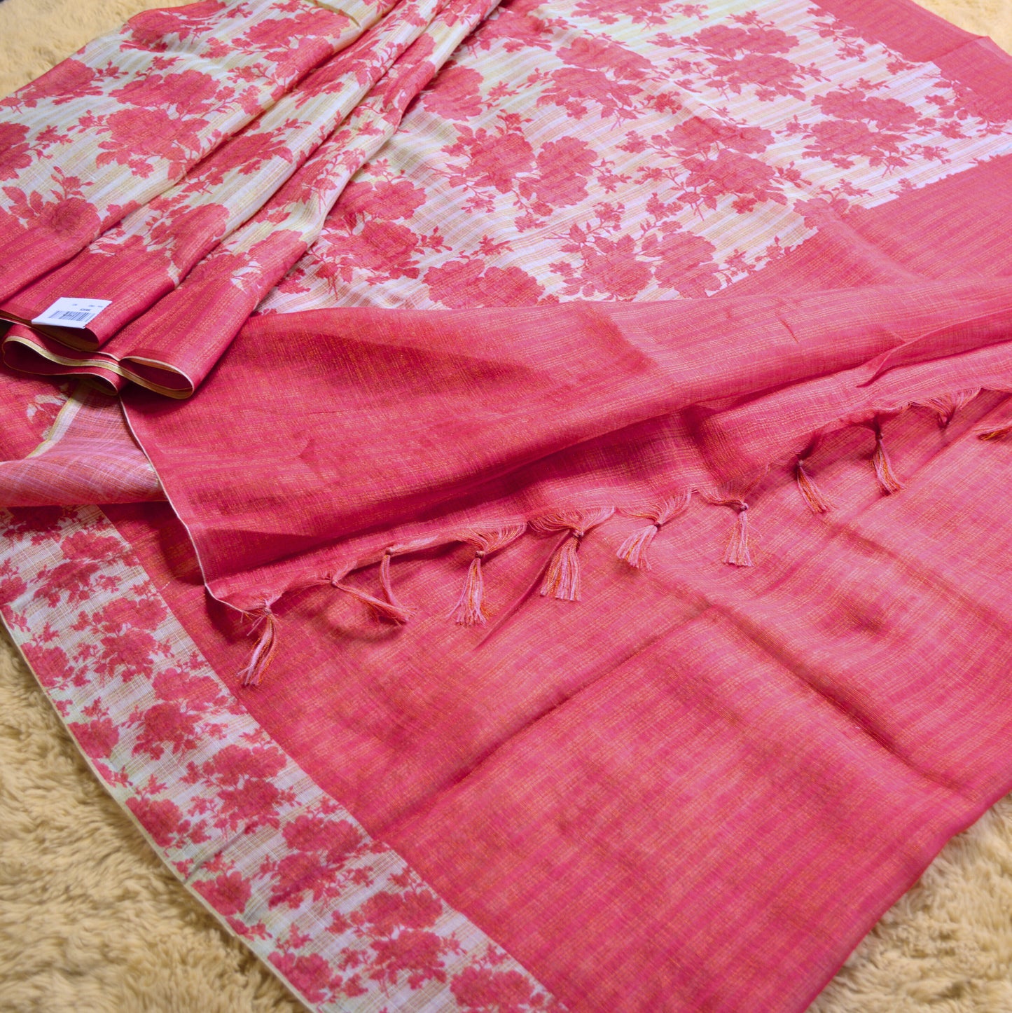 pink khadi tissue floral print saree
