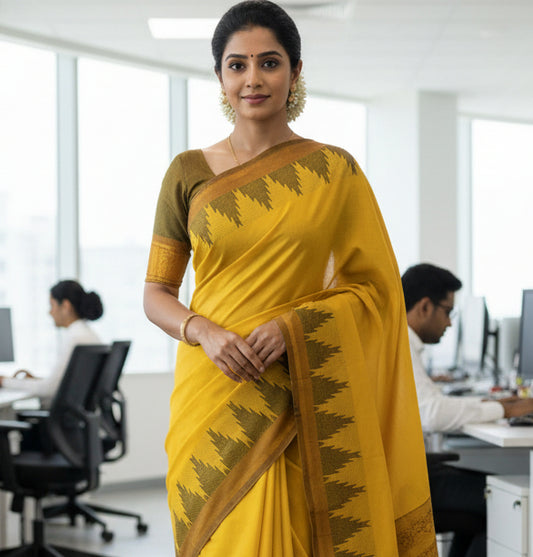 Yellow kanchi cotton saree