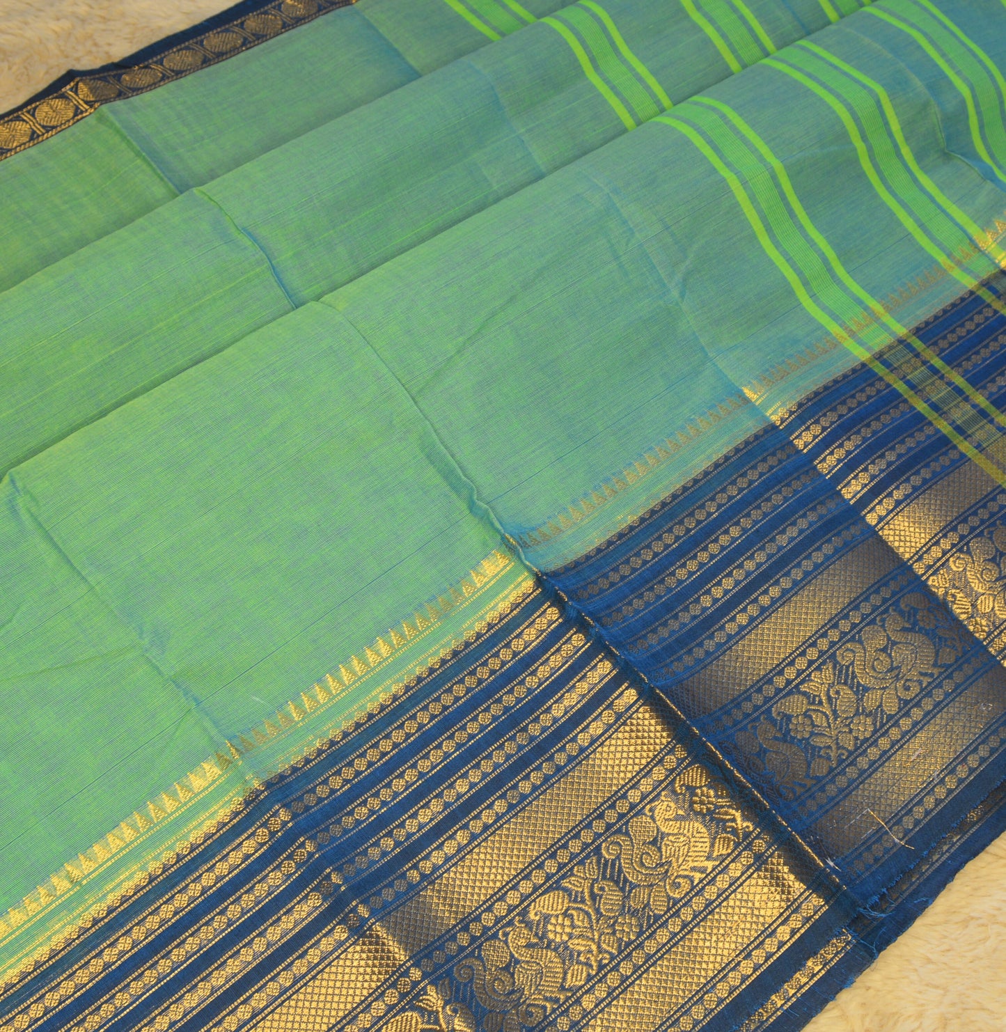 Sky blue and dark blue long border kanchi cotton saree