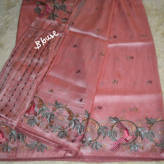 Peach pink tissue embroidery saree