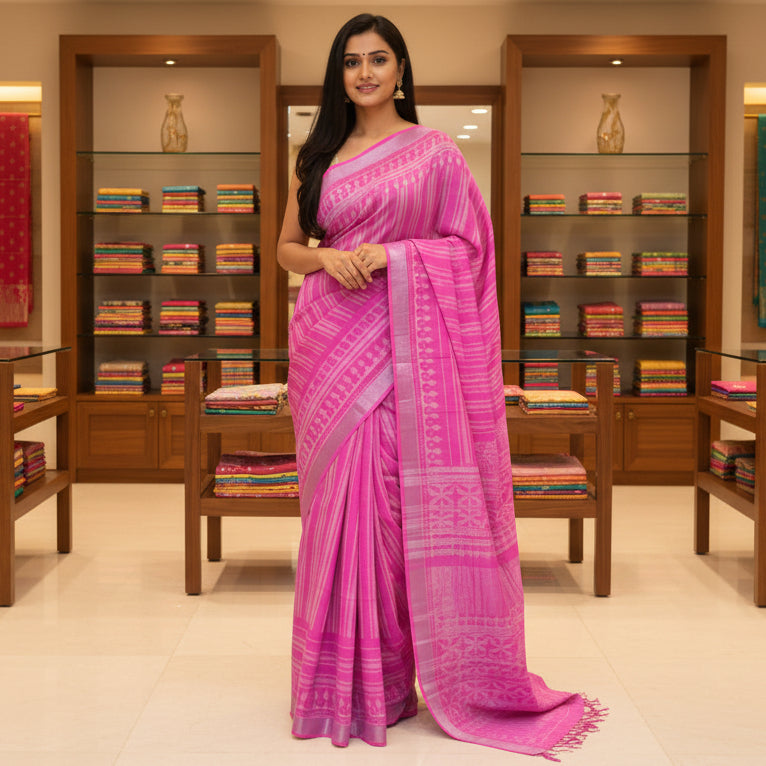 Light pink pure linen handblock printed saree