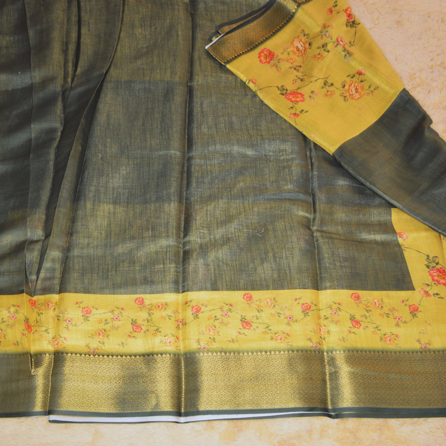 Yellow with green cotton blend kalamkari border