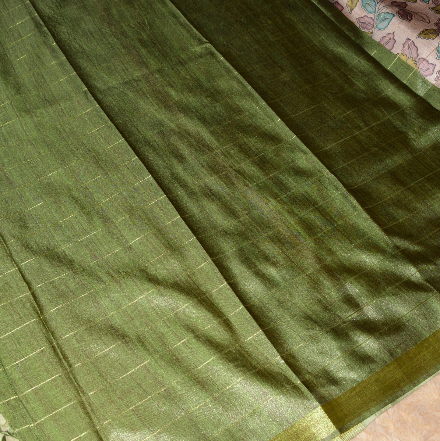 Grey with pista green tussar checks kalamkari saree