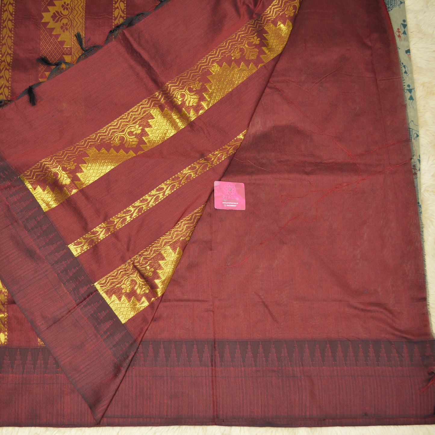 Grey with maroon contrast kalyani cotton digital print saree