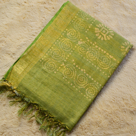 Green moonga silk batik printed saree