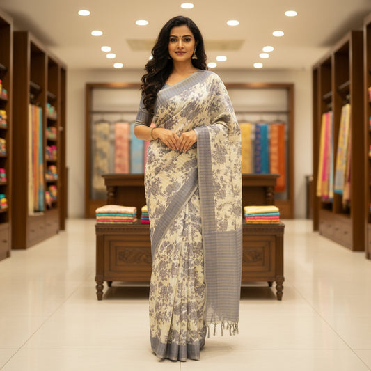 Grey soft khadi tissue cotton floral print saree