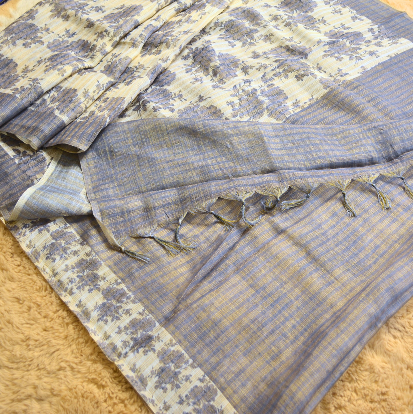 Grey soft khadi tissue cotton floral print saree