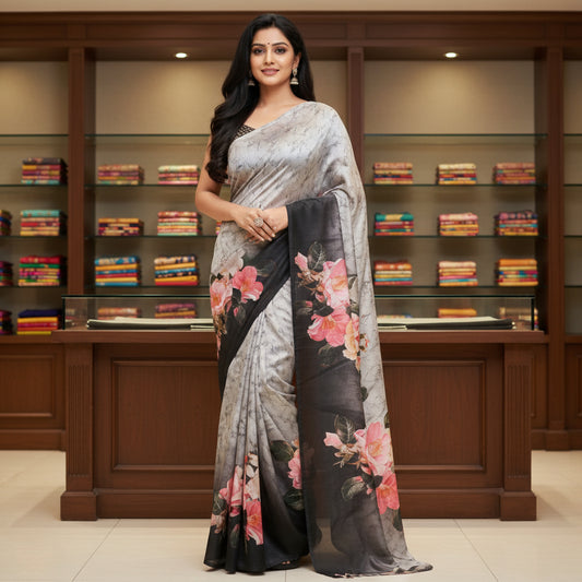 Half-white with black contrast canon silk saree