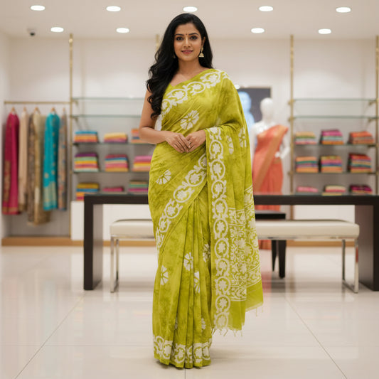 Mehandi green mul cotton bhatik print saree
