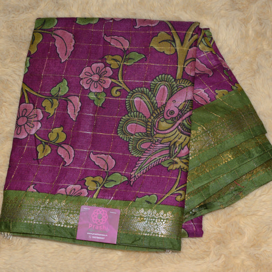 Magenta koria silk floral print border saree