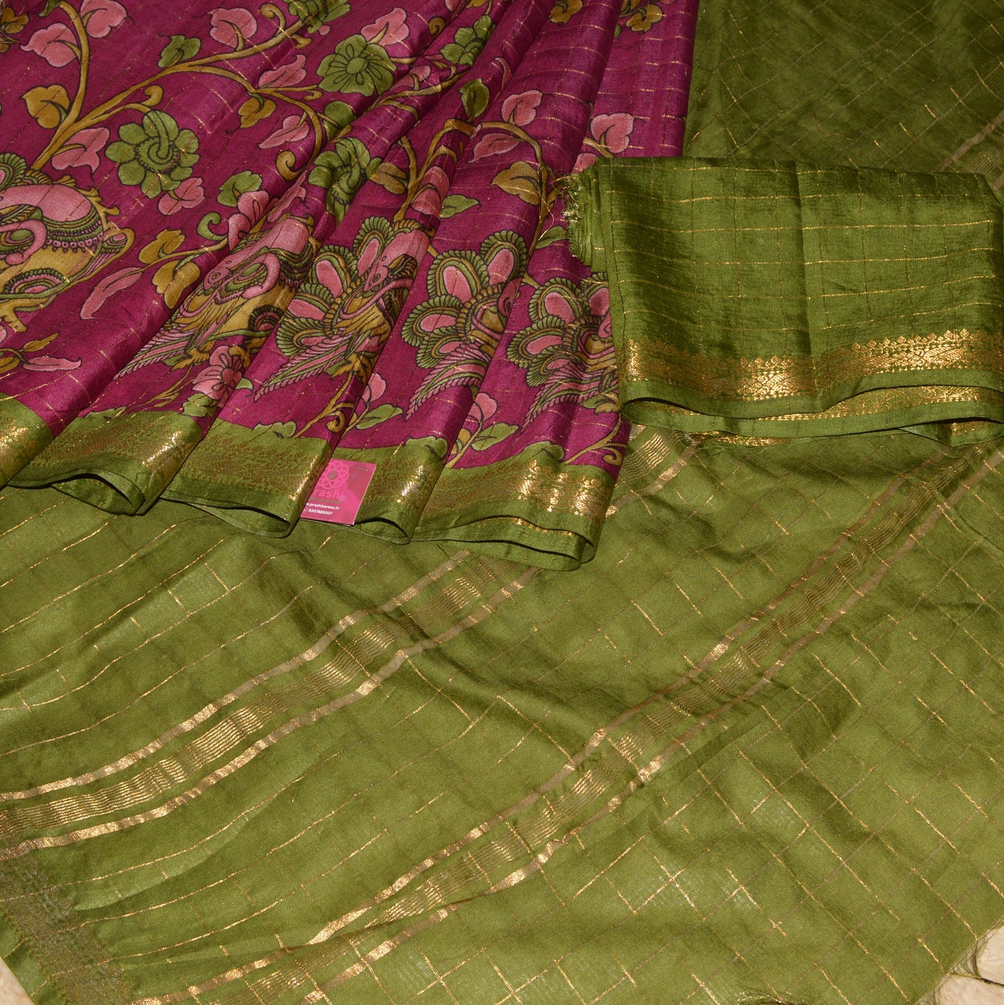 Magenta koria silk floral print border saree