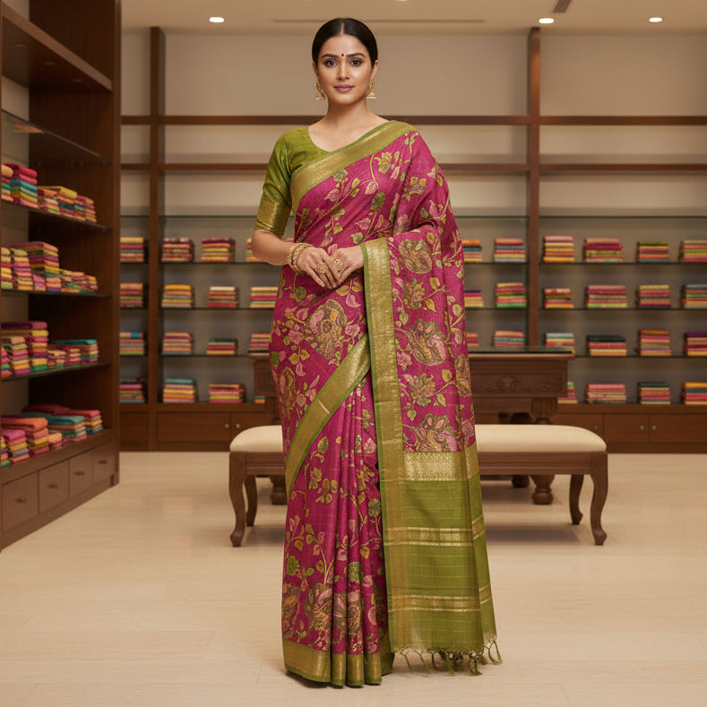 Magenta koria silk floral print border saree