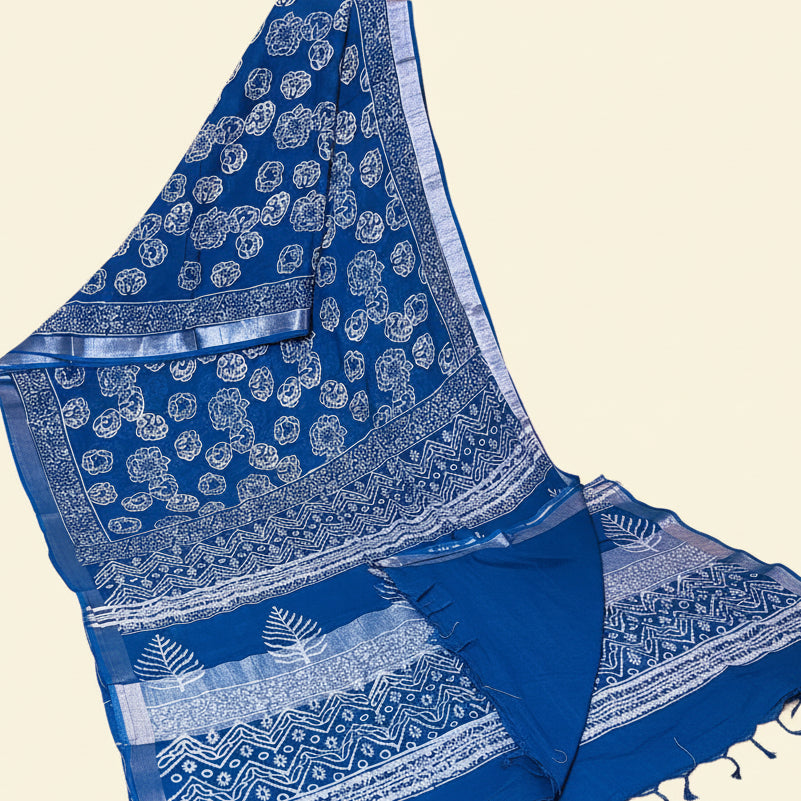 Blue pure linen handblock printed saree