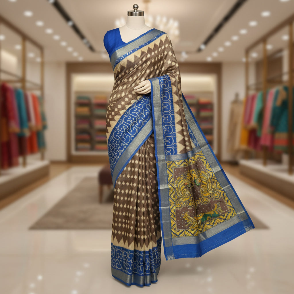 Grey with blue semi tussar ikkat print saree