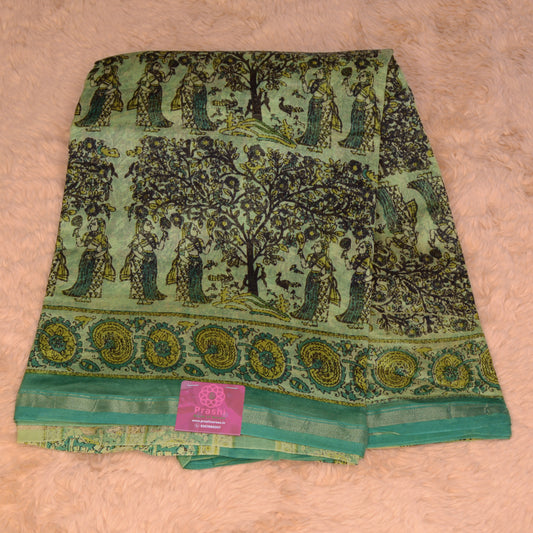 Pista green ajrakh handblock printed chanderi silk cotton saree