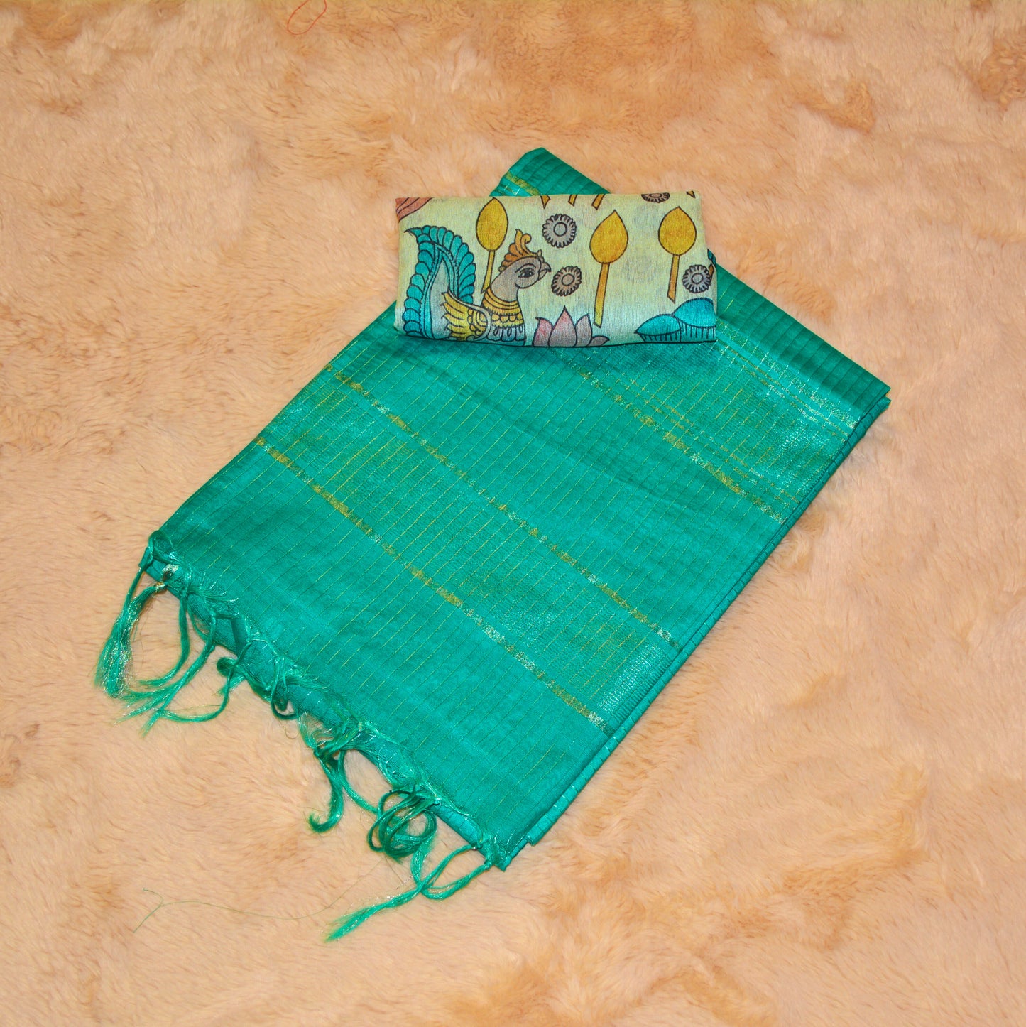 Rama green moonga tissue saree with 2 blouses