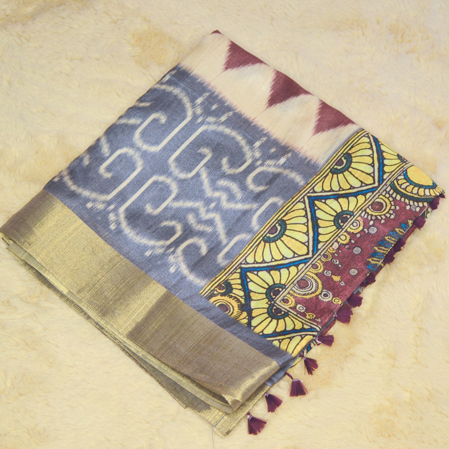 Brown and grey semi tussar ikkat printed saree