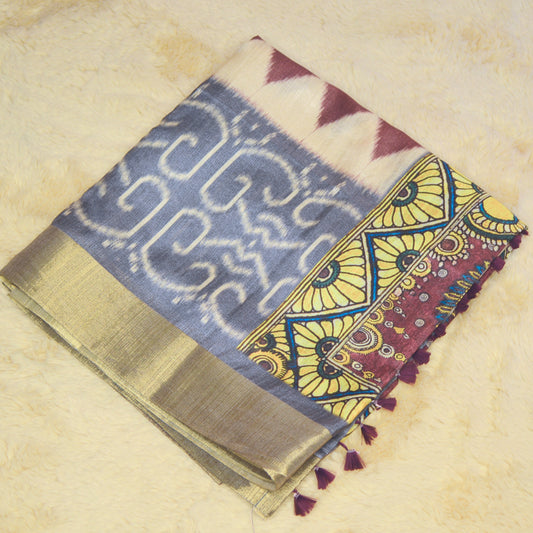 Brown and grey semi tussar ikkat printed saree