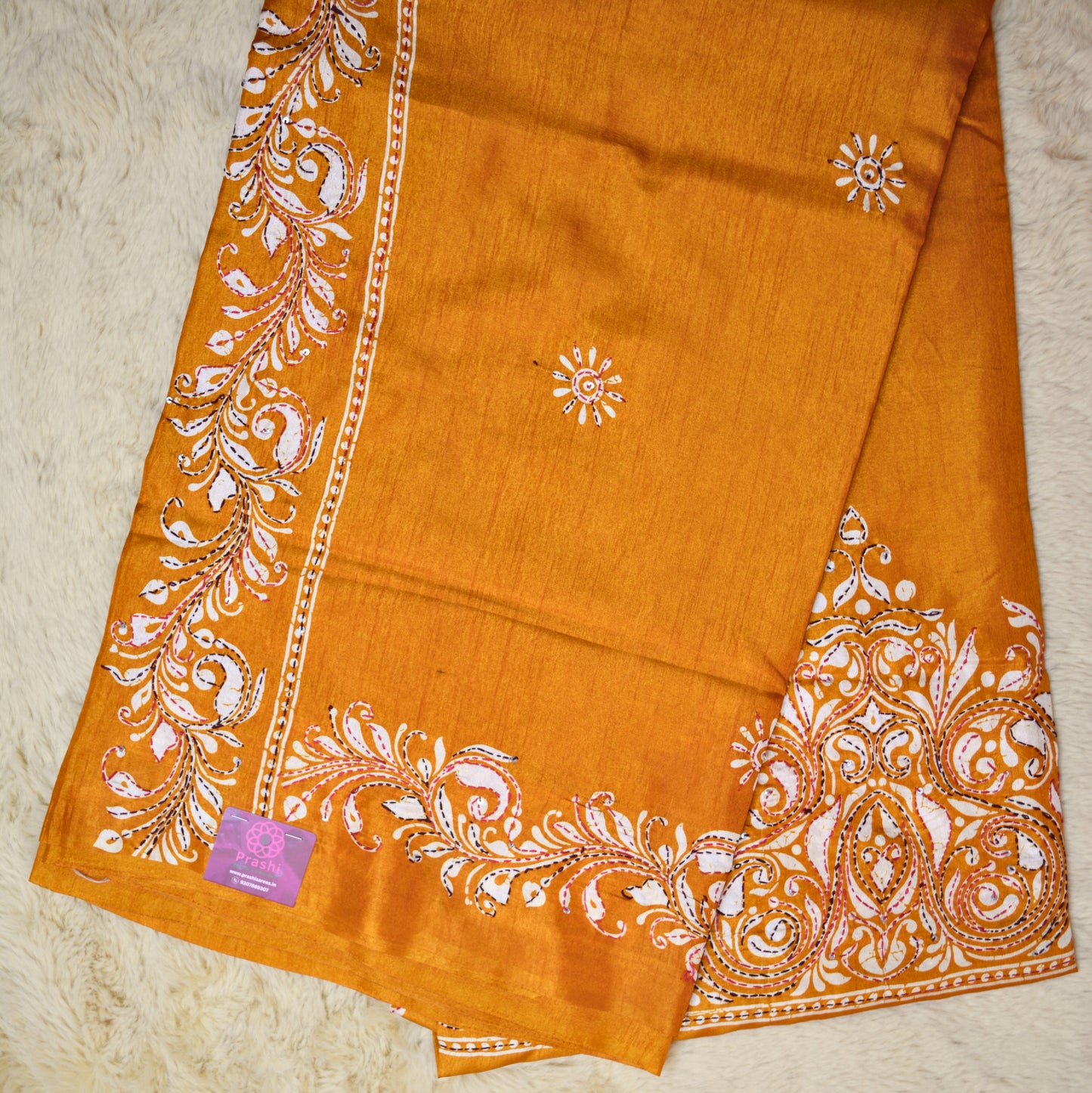 Orange dola silk katha work saree