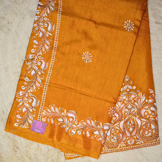 Orange dola silk katha work saree