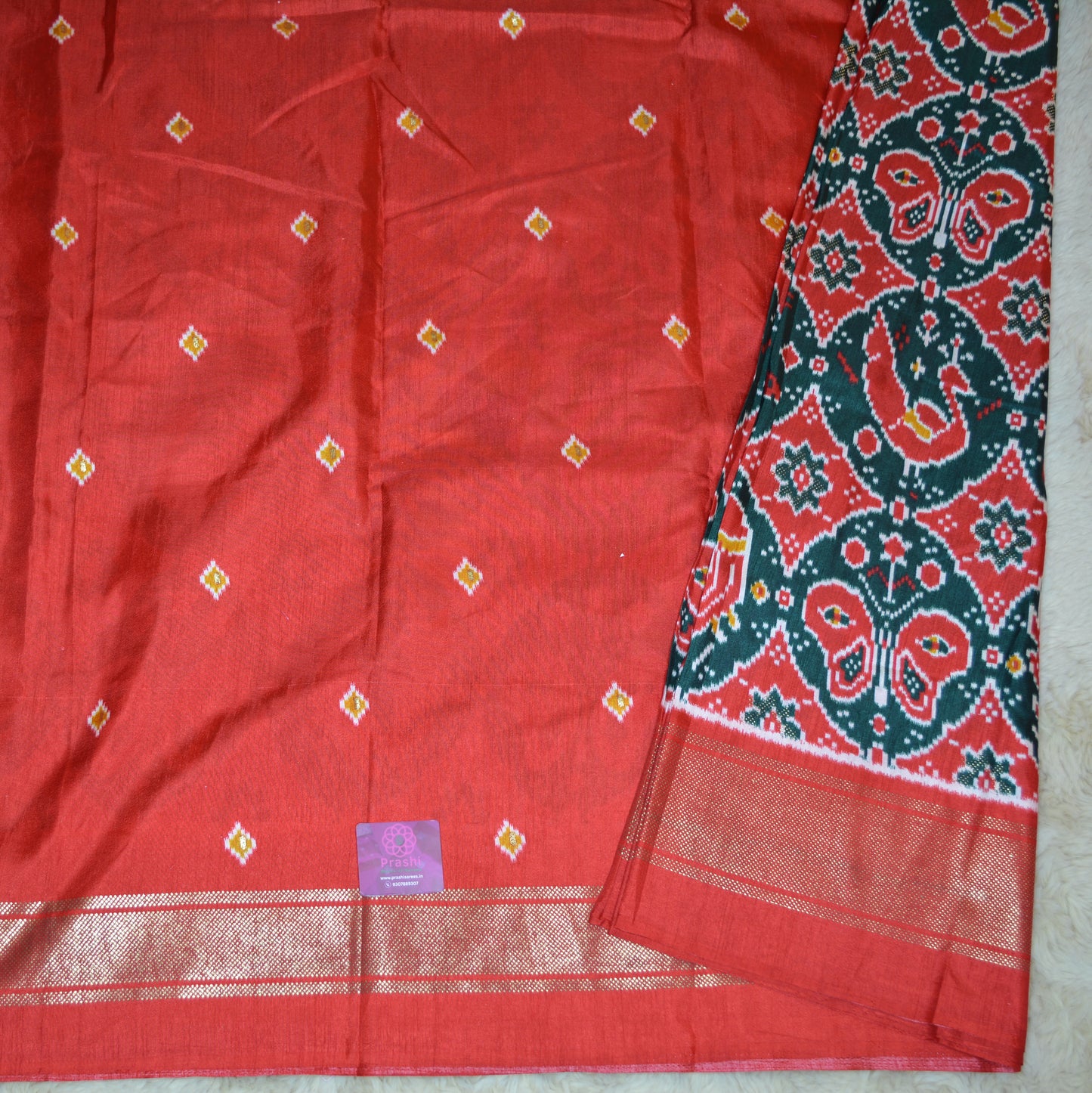 bottle green with red ikkat semi dola silk saree