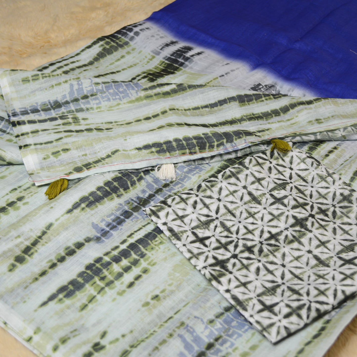 Blue with green linen shibori print saree