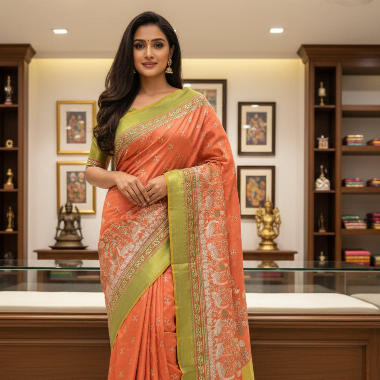 Brick red with green patola saree