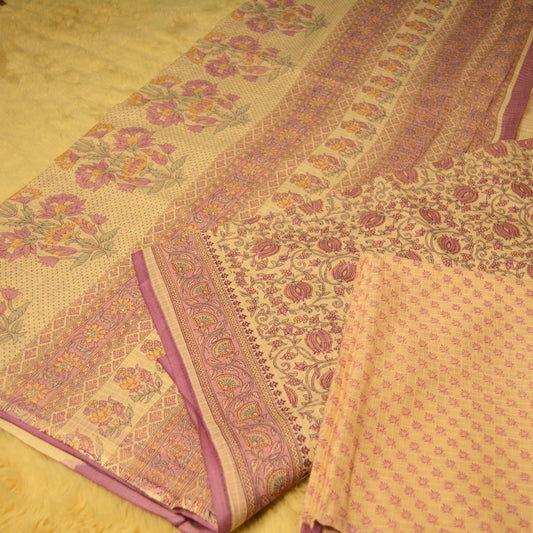 Lavender handblock printed cotton saree