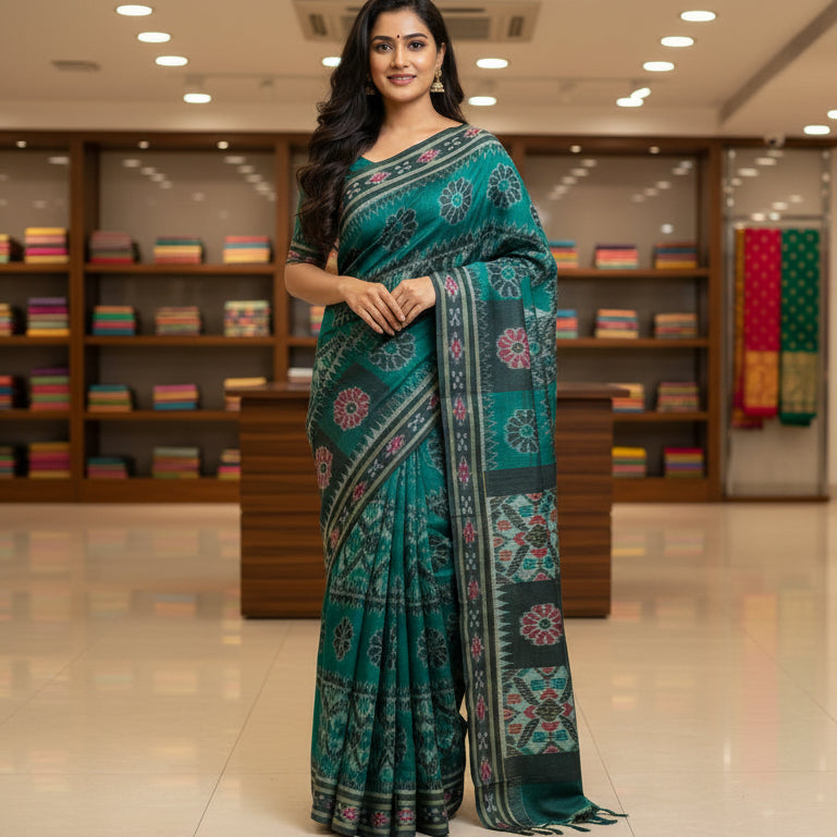 Bottle green manibanbandha Handloom ikkat cotton saree