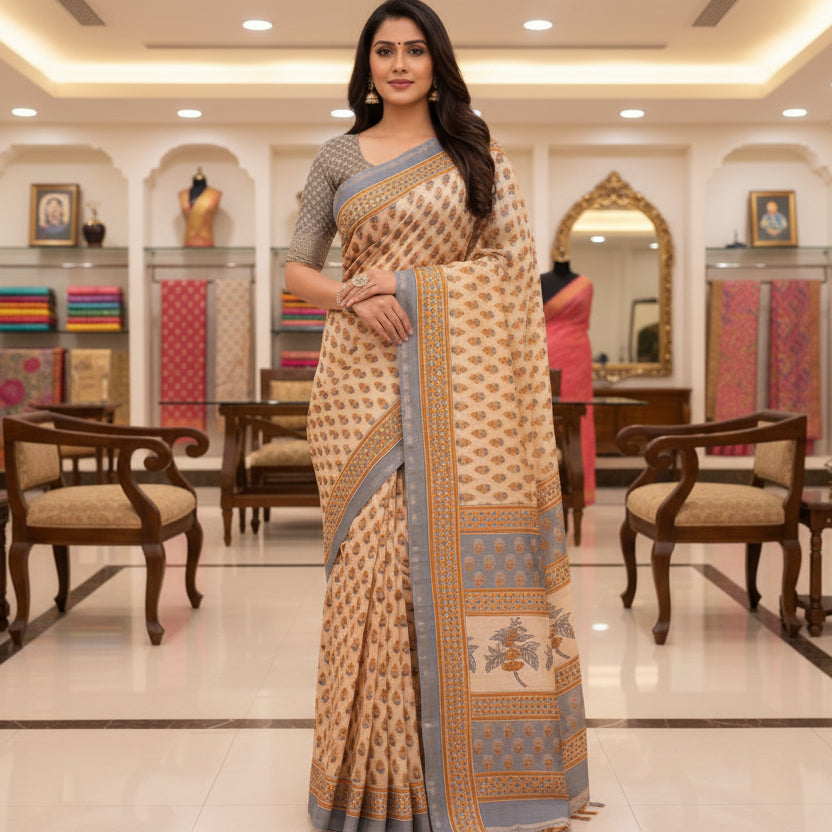 Cream colour ajrakh handblock printed chanderi silk cotton saree