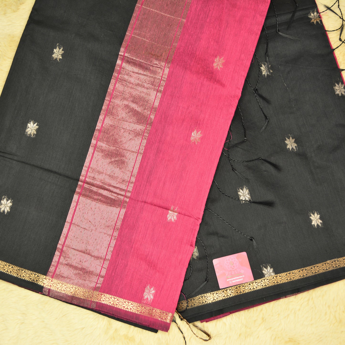 Black and pink maheshwari silk cotton saree