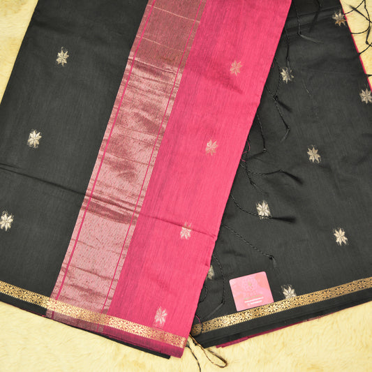 Black and pink maheshwari silk cotton saree