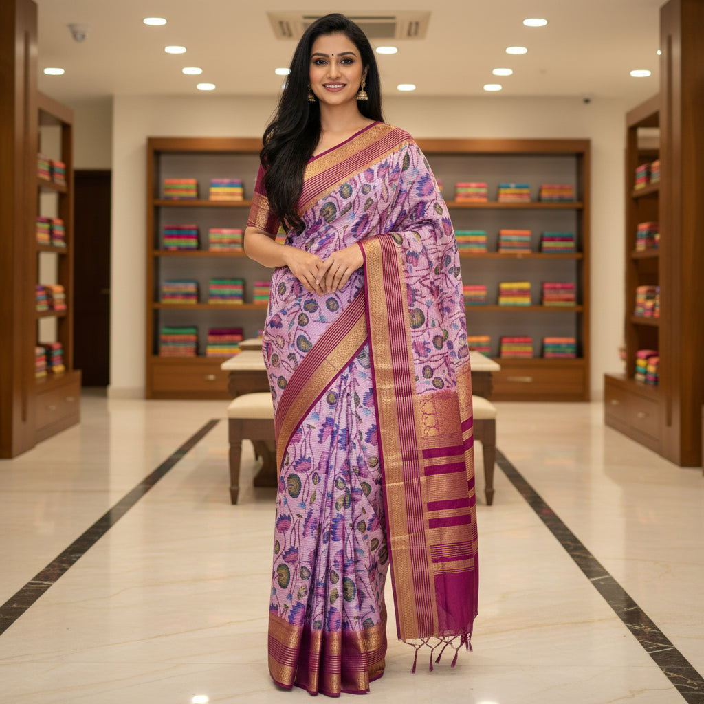 Pink semi mysore crepe kalamkari saree