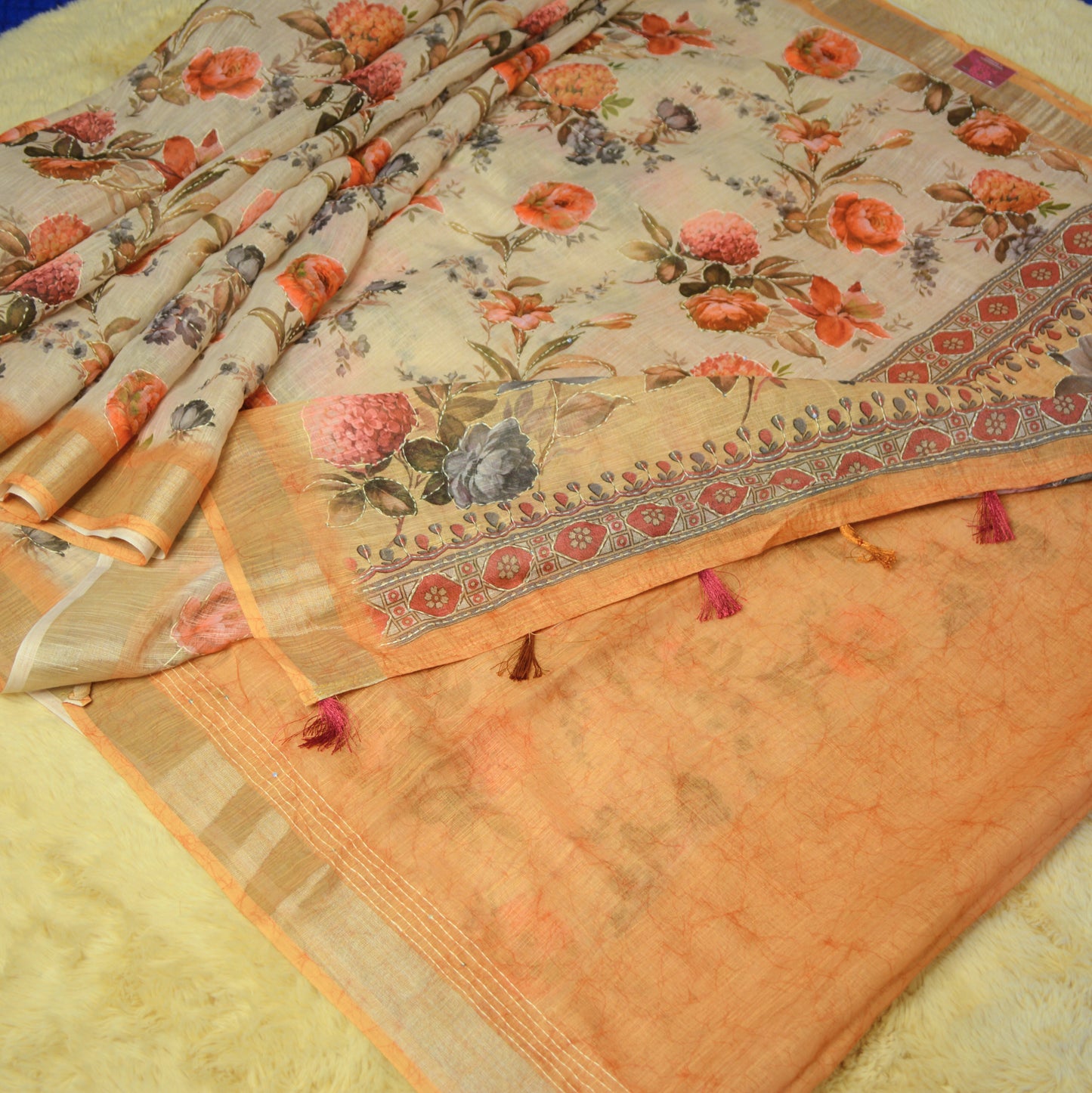 Beige with yellow linen katha work digital print saree