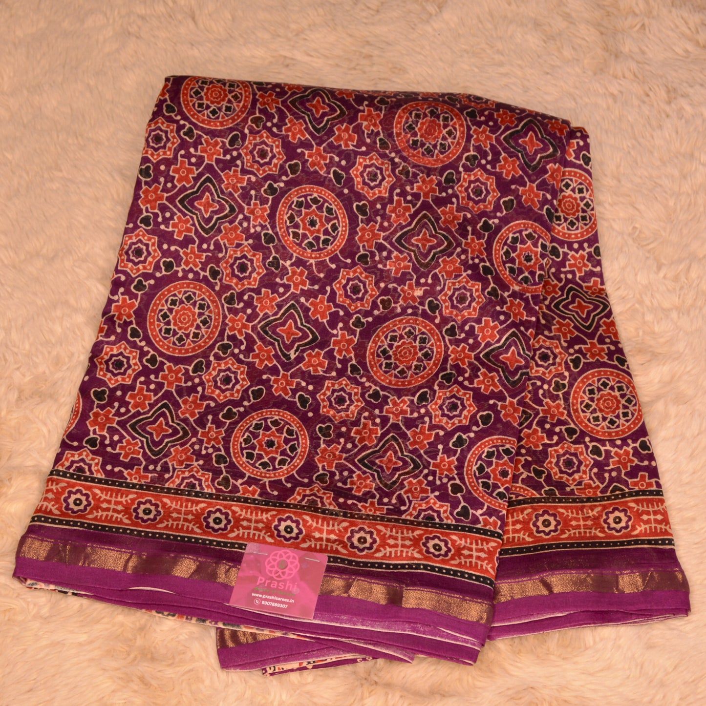 Magenta ajrakh handblock printed chanderi silk cotton saree