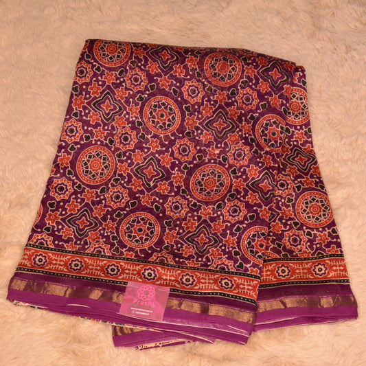 Magenta ajrakh handblock printed chanderi silk cotton saree