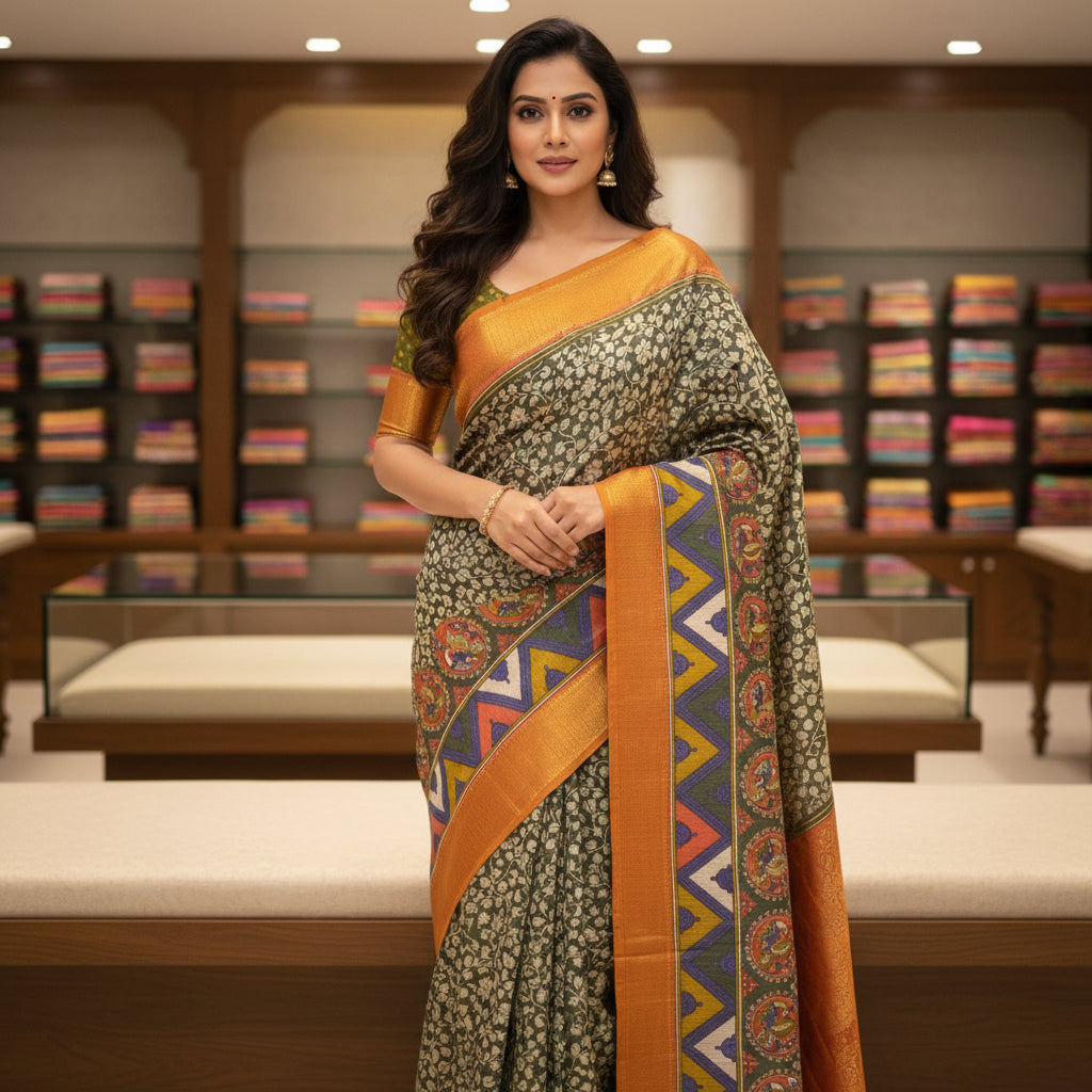 Mehandi green with rust orange patola saree
