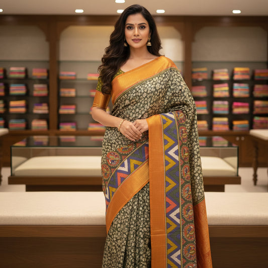 Mehandi green with rust orange patola saree