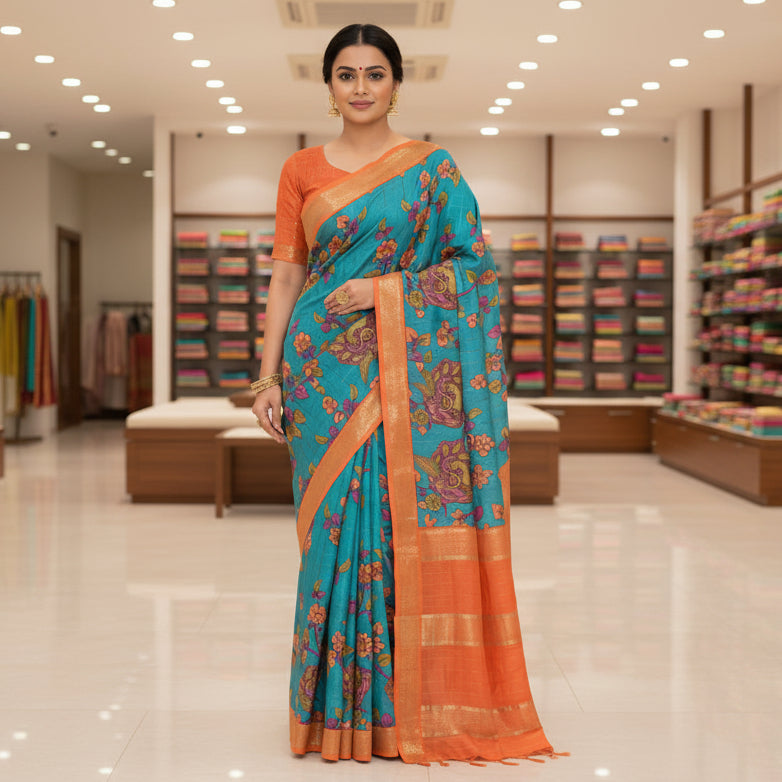 Blue and koria silk floral print border saree orange border