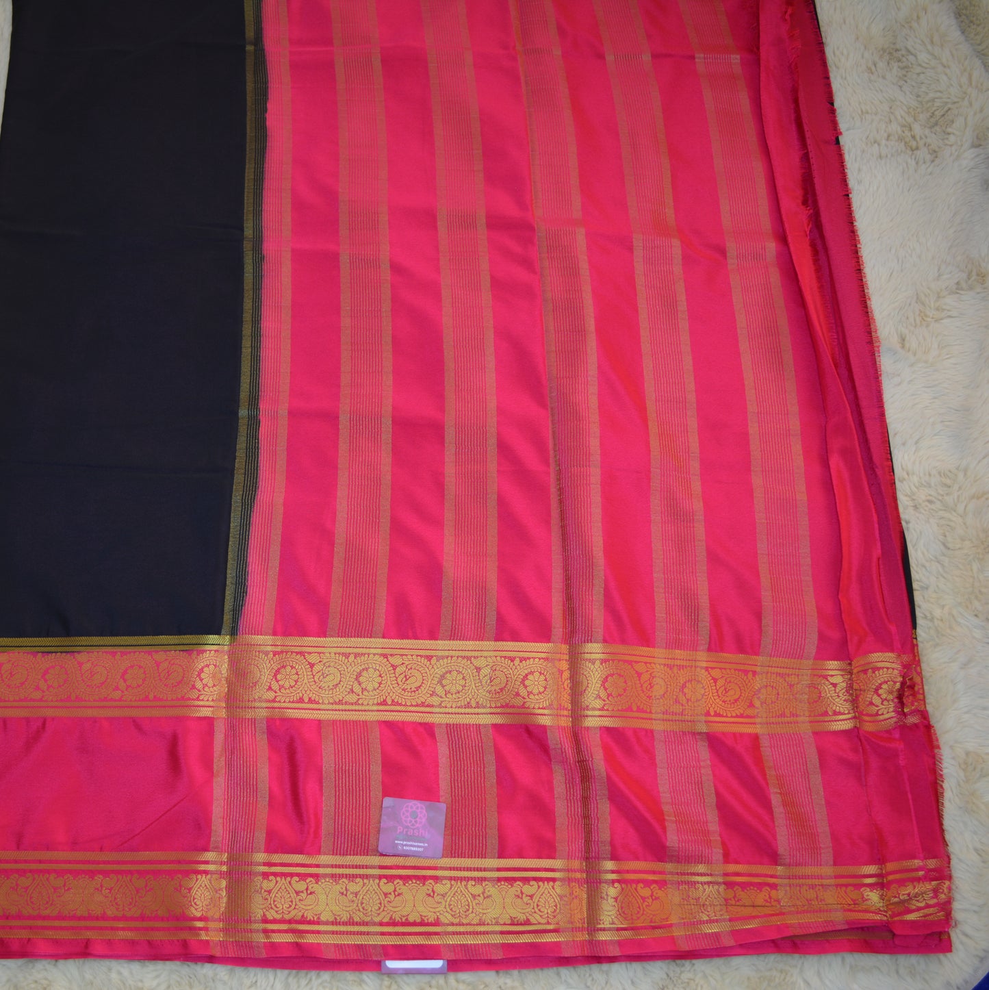 Black with pink semi  mysore crepe bentex saree