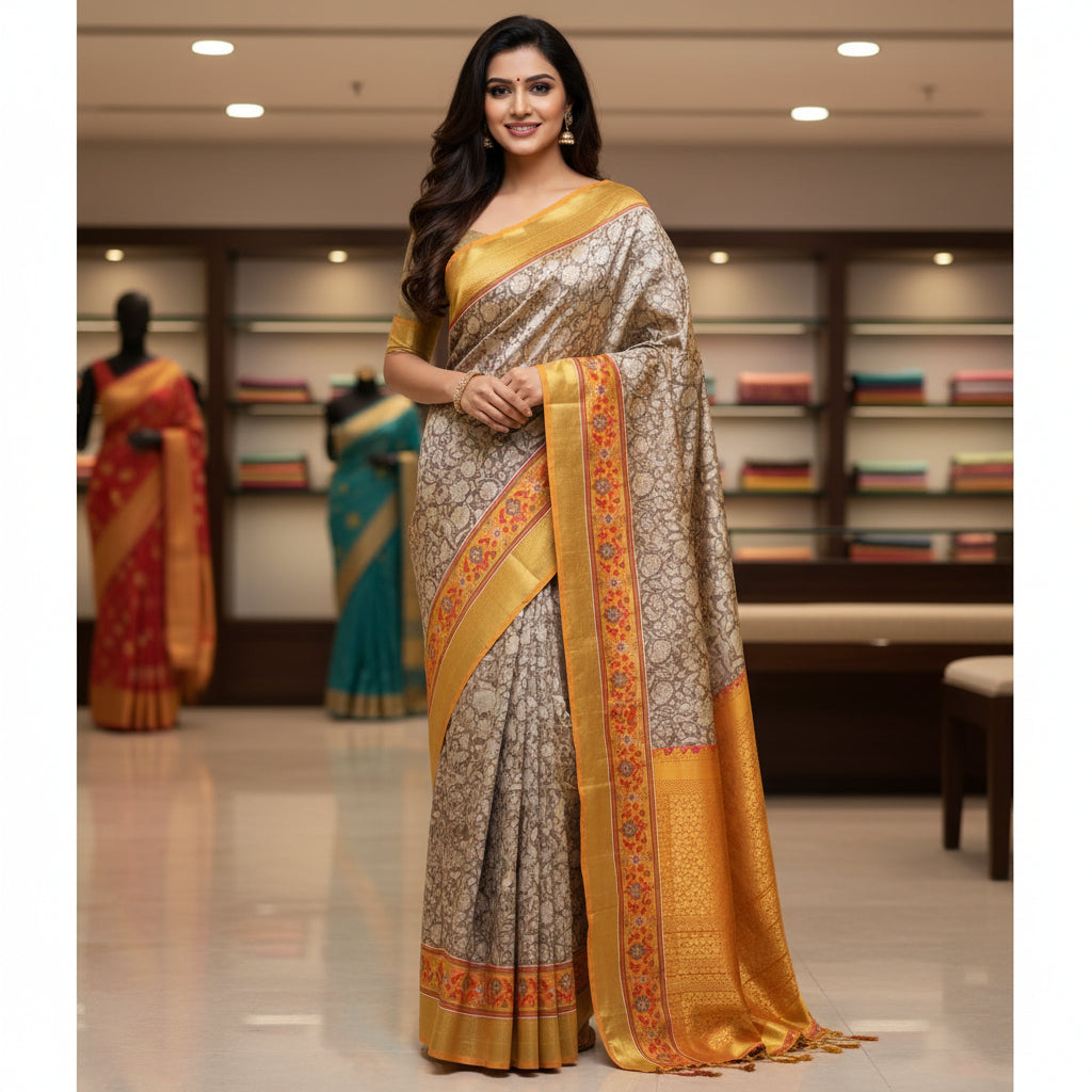 Beige with yellow patola saree