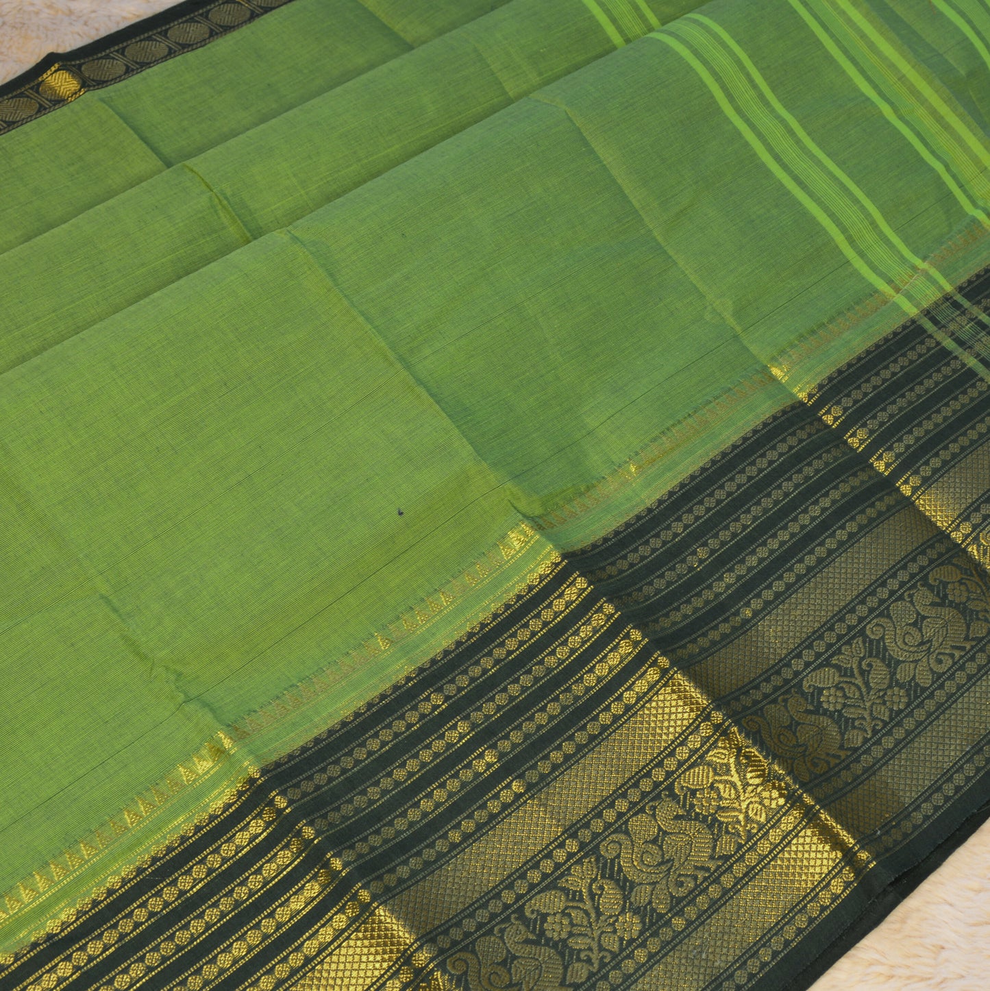 Green and black long border kanchi cotton saree
